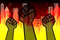 Protest. Silhouettes of raised fists protesting against the backdrop of a burning city, skyscrapers. Vector