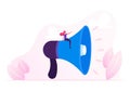 Public Relations and Affairs Concept. Communication Pr Agency Marketing Woman Sitting on Huge Megaphone