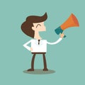 Public relations - businessman talking through a bullhorn