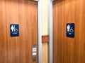 Public restroom doors for male and female with blue signs