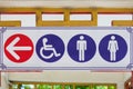 Public restroom signs with a disabled access symbol. Royalty Free Stock Photo