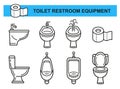 Public restroom toilet seat, bidet, male urinal bowl, bathroom sanitary plumbing equipment, paper tissue towel roll icon set Royalty Free Stock Photo