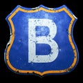 Public road sign in blue and orange color with a capitol white letter B in the center isolated black background. 3d