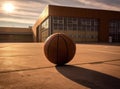 public school building. Exterior view of school with basketball and field created with Generative AI technology Royalty Free Stock Photo