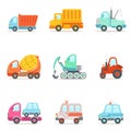 Public Service, Construction And Road Working Cars Set Of Colorful Toy Cartoon Icons