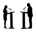 Public speaker standing on podium vector silhouette. Politician woman opening meeting ceremony event. Businessman speaking. Royalty Free Stock Photo