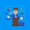 Public speaking concept. Orator speaking from tribune and icons. Business conference flat style illustration Royalty Free Stock Photo