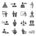 Public speaking, political debate, lecturer speech bold black silhouette icons set isolated on white.