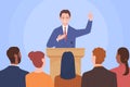 Public speech of confident leader in front of audience, male speaker speaking to crowd Royalty Free Stock Photo