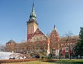 Public square with clock tower and little park