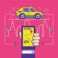 Public taxi call mobile application in trendy cartoon line style