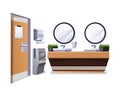 Public toilet interior design elements. Modern restroom vector illustration. WC room with sinks, faucets, mirrors, hand