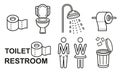 Public toilet, man woman restroom, paper tissue roll, bathroom, shower room line icon set. Male, female washroom, trash can vector