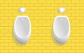 Public toilet. Two male urinals on the wall on a yellow tiled wall. Vector illustration