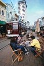 Vintage city tour streetcar, tram, tramcar, tramway, trolley, light rail on New Regent Street in Christchurch, New Zealand