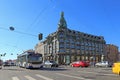 Public transport on the background of the singer House in St. Pe