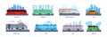 Public transport design concept set landscapes with tourist bus trolleybus high speed train taxi electric train tram and other