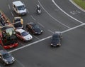 Public transport and a few cars during a traffic regulated day in Barcelona.