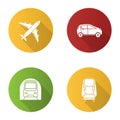 Public transport flat design long shadow glyph icons set Royalty Free Stock Photo