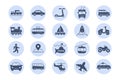 Public transport icon. Car travel. Train and bus. Silhouette symbols. Walk or bike. Ferry ship or airplane. Circle sign