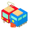 Public transport icon isometric vector. Bright red tram and blue locomotive icon