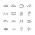 Public transport icons. Cars planes trains boats urban vehicles thin line collection symbols