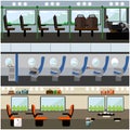 Public transport interior concept vector banners set. Bus, train and airplane. Royalty Free Stock Photo