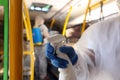 Public transport sanitation. Worker in protective suit disinfecting bus salon, closeup