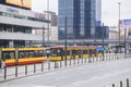 Public transport, streetcar and busses in the streets of Warsaw during morning rush hour