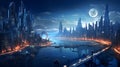 Futuristic city view, tall skyscrapers, night time