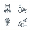 public transportation line icons. linear set. quality vector line set such as car, parking meter, bike Royalty Free Stock Photo