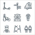 public transportation line icons. linear set. quality vector line set such as passengers, road, ticket collector, parking meter, Royalty Free Stock Photo