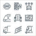 public transportation line icons. linear set. quality vector line set such as rickshaw, funicular, delivery truck, subway, gateway