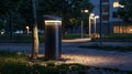 Public trash can with solarpowered lights for added visibility at night.