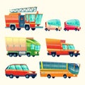 Public and urban passenger transport vector cartoon vehicle cars colorful isolated icons set Royalty Free Stock Photo