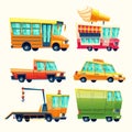 Public and urban passenger transport vector cartoon vehicles colorful isolated icons set