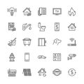 Public utilities flat line icons. Rent receipt, electricity water, gas, house heating, CCTV, overhaul, garbage vector