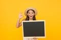 Publicity and education. Happy child give ok sign. Little kid hold blank blackboard. School publicity. Advertising and