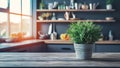 Publish Blurred kitchen window shelves background from wooden tabletop front Royalty Free Stock Photo