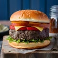 Publish Close up of big beef burger with sesame seed buns, appetizing Royalty Free Stock Photo