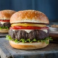 Publish Close up of big beef burger with sesame seed buns, appetizing Royalty Free Stock Photo