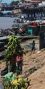 pucallpa peru, ucayali river with boats transporting banana fruits and workers