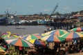 pucallpa peru, ucayali river with boats transporting bananas