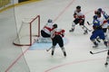 The puck crossing the goal line. Royalty Free Stock Photo