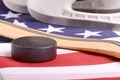 Puck, skates and hockey stick of the American flag Royalty Free Stock Photo