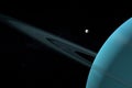 Puck, uranian moon, orbiting around Uranus planet in the outer space. 3d render
