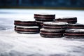 pucks stacked on a clean ice rink Royalty Free Stock Photo