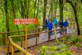 PUCON, CHILE - SEPTEMBER, 23, 2018: Outdoor beautiful nature of tourists walking in the forest with some wooden fences