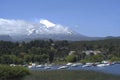 Pucon tourist city, Chile. with the villarrica lake and volcano Royalty Free Stock Photo