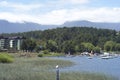 Pucon tourist city, belonging to the Region of Araucania, Chile. with the villarrica lake Royalty Free Stock Photo